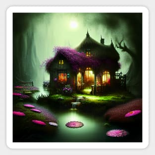 Sparkling Fantasy Cottage with Lights and Glitter Background in Forest, Scenery Nature Magnet